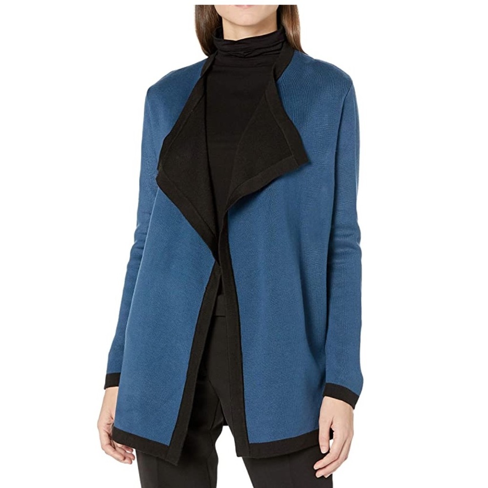 Anne Klein Double Knit Drape Front Cardigan in Blue/Black Size Large